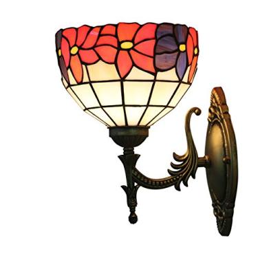 Imagem de Arandela de parede vintage estilo Tiffany de 8 polegadas com flores vermelhas, feita à mão na Europa, com vitrais florais campestres, ideal para cabeceira, quarto, sala de estar e corredor.