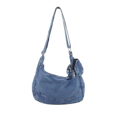 Imagem de Andiker Bolsa tiracolo jeans feminina, bolsa jeans média vintage com alça de ombro ajustável, mini bolsa de moedas destacável, Azul claro, Medium, Moderno
