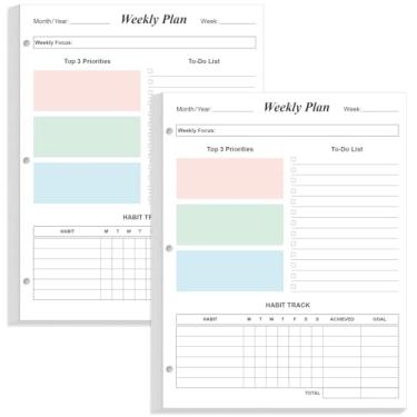 Imagem de (Pacote com 2) Recargas de planejador semanal com 3 furos – 106 folhas/212 páginas, agenda semanal colorida para 3 fichários, papel branco de 100 g/m², dura 2 anos, sem data, 21 cm x 28 cm