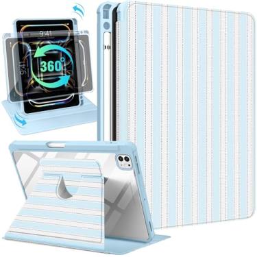 Imagem de Uppuppy Capa inteligente para iPad Pro M4 de 13 polegadas - suporte giratório de 360 graus com suporte para lápis para mulheres e meninas, listras azuis e brancas para iPad Pro de 13 polegadas 2024 M4