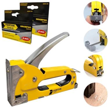 Imagem de Grampeador Manual Tapeceiro Madeira Pressão + 1000 Grampos 6mm + 1000 Grampos 8mm