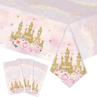 Imagem de Avikosi Toalha de mesa retangular descartável castelo princesa de 3 peças 137 x 272 cm – capa de mesa retangular descartável rosa e dourado para festas de aniversário, chás de bebê e celebrações de