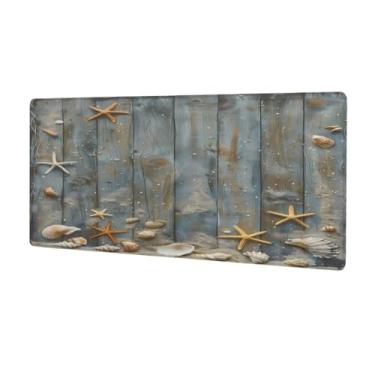 Imagem de Tapete de rato grande, estrela-do-mar, madeira, praia, impermeável, tapete protetor de mesa estendido para computador, base de borracha antiderrapante para escritório, computador, teclado, laptop e
