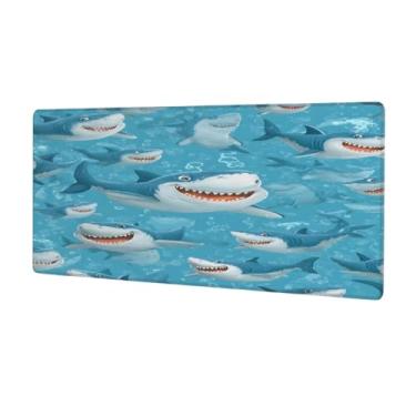Imagem de Tapete de mouse grande tubarão azul à prova d'água para computador estendido tapete protetor de mesa antiderrapante base de borracha para escritório, computador, teclado, laptop e mesa de casa, mouse
