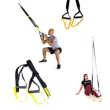 Imagem de Fita de Suspensão para Treinamento Funcional, Preto e Amarelo, Nylon Ultra Resistente, 1,70m, Capacidade 120kg, com Alongador e Mosquetão