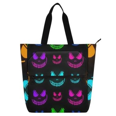 Imagem de GAIGEO Sacola de trabalho neon assustadora de Halloween para mulheres, bolsas de tecido de lona, faculdade, escola, professores, amantes de livros