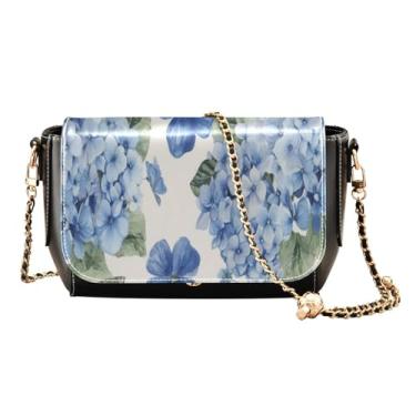 Imagem de GAIGEO Bolsa de ombro azul verde verde flor branca com zíper, bolsas de couro femininas transversais, bolsas de couro para mulheres, Flor azul verde verde branca, One Size