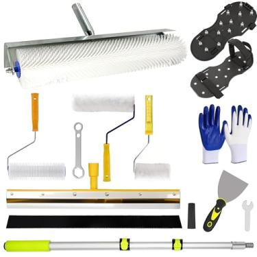 Imagem de OIHYA Kit de ferramentas de cimento autonivelante, raspador de aço inoxidável, ancinho autonivelante, rolo de ponta, rolo de construção de piso, sapatos pontiagudos, mastro telescópico para iniciantes