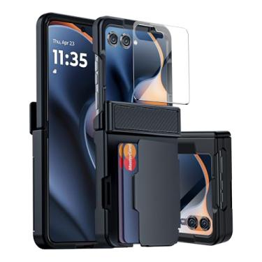 Imagem de oupeigar Capa para Motorola Razr 2025/Razr 2024 com suporte para cartão bloqueio RFID, proteção de dobradiça embutida, protetor de tela, capa de telefone robusta à prova de choque para Razr 2025/2024
