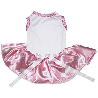 Imagem de Petitebella Vestido liso para cachorro tema de páscoa (branco/rosa com bolinhas de coelho, grande)