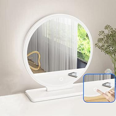 Imagem de TRGCJGH Espelho redondo de mesa, espelho de maquiagem para maquiagem, espelho de maquiagem para mesa, espelho circular iluminado com LED, espelho de mesa com 3 modos de iluminação reguláveis de cores