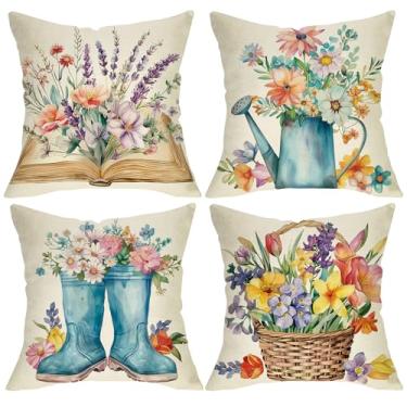 Imagem de Fjfz Capas de almofada decorativas florais primavera verão 45,7 x 45,7 cm conjunto de 4, livro de flores aquarela, regador, varanda, exterior, decoração de casa, botas de chuva, cesta, borboleta