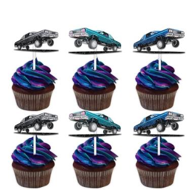Imagem de 18 peças com glitter clássico vintage carro cupcake topper Cheer to Retro Low Rider tema aniversário decoração escolhas para homens mulheres feliz aniversário decoração suprimentos