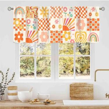 Imagem de TKUYO Hippie Kitchen Valance, Retro Funky 60S 70S Orange Checkerboard Estética Groovy Floral Modern Rod Pocket Cortinas para Janela Pequena para Café Sala de Estar Quarto Armário Banheiro, 137 cm x 45