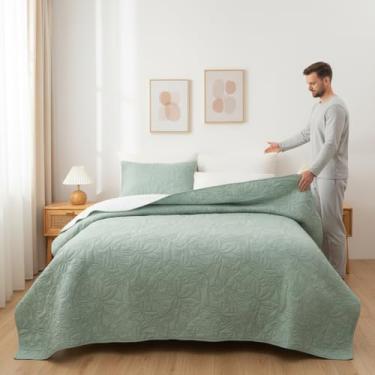 Imagem de Andreannie Conjunto de colcha de 3 peças para decoração de casa com estampa geométrica ultrassônica de verão e outono para todas as estações, presente para mamãe/irmã/avó (verde sálvia, casal/queen