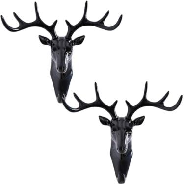 Imagem de 2 ganchos de parede de veado, cabide de chifre, ganchos decorativos de parede de animais, porta-chaves de toalha de veado preto para parede, para sala de estar, quarto, banheiro