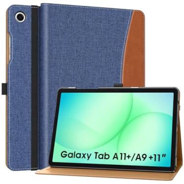 Imagem de MoKo Capa para Samsung Galaxy Tab A9 Plus 11 polegadas 2023 (SM-X210/SM-X216/SM-X218), capa de couro PU com suporte dobrável com alça de mão, bolso frontal, despertar/hibernar automático, azul jeans e marrom