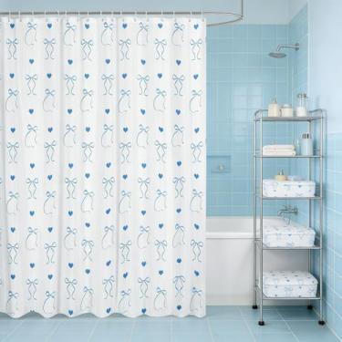 Imagem de Erosebridal Cortina de chuveiro com laço azul, à prova d'água, cortinas de banheiro fofas, coração, decoração de banheira, acessórios de banheiro 183 cm L x 182 cm C