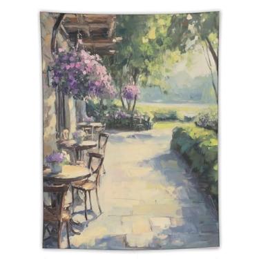 Imagem de Tapeçaria de pátio de casa de campo de pedra de primavera, pintura a óleo roxo rosa floral para pendurar na parede, decoração de jardim ao ar livre encantadora para sala de estar, quarto, decoração de