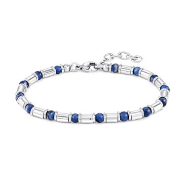Imagem de Zordixon Pulseira masculina com contas de lápis-lazúli azul e contas de aço inoxidável – Tamanho ajustável 22 cm – Joias modernas elegantes