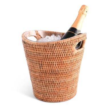 Imagem de Vagabond House Balde de champanhe de vime tecido à mão - 25 cm de altura x 24 cm de diâmetro com inserção de acrílico removível - Material natural e durável para refrigerar e servir champanhe