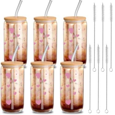 Imagem de Yetene 6 peças de copos de vidro para dia dos namorados com tampas e canudos 473 ml, copos, copos de café gelado, presente de coração para mãe, esposa, mulheres, amigas, casamento, aniversário (rosa)
