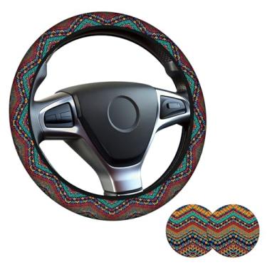Imagem de Capa de volante boho, capa de volante de neoprene antiderrapante, acessórios de carro étnicos boêmios para mulheres, ajuste universal de 38 cm para automóveis, SUVS, inclui 2 porta-copos de cerâmica