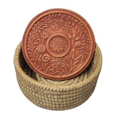 Imagem de Cesta para aquecer pão com pedra: cesta redonda para aquecer pão, forro e aquecedor de terracota para servir tortilha, inclui pedra de aquecimento e toalha de forro