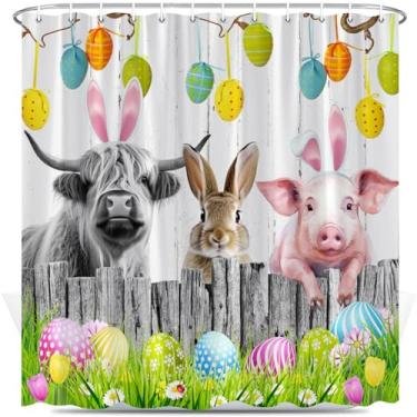 Imagem de Cortina de chuveiro de Páscoa, ovos coloridos engraçados, vaca das montanhas, porco, coelhinho fofo, animais de fazenda, coelho, grama, rústico, vintage, decoração de banheiro, conjunto de cortinas de