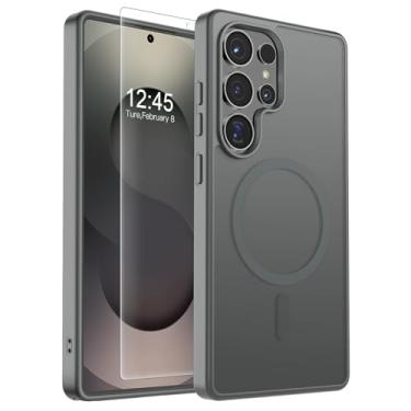 Imagem de SUPFINE Capa magnética para Samsung Galaxy S25 Ultra com protetor de tela, (compatível com MagSafe) (proteção contra quedas de grau militar), fina, translúcida, à prova de choque, cinza titânio