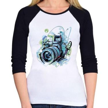 Imagem de Baby Look Raglan Câmera Fotográfica Manga 3/4 - Foca na Moda, Branco, 