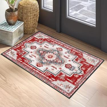 Imagem de Tapete tribal vintage de 5 x 9 m - Tapete com padrão geométrico vermelho e branco para sala de estar, quarto, escritório, entrada, tapete antiderrapante lavável