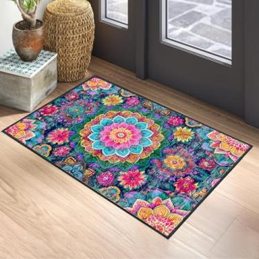 Imagem de Tapete de mandala boêmio antiderrapante de 6 x 7 m - Tapete lavável com estampa floral colorida vibrante para sala de estar, quarto, entrada, espaço de meditação, tapete baixo