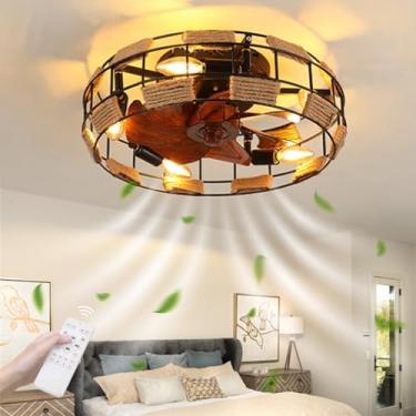 Imagem de Ventilador de teto com luz, silencioso, com timer, estilo vintage, 5 lâmpadas, 46W, estrutura em ferro fundido com corda de cânhamo, 6 velocidades, ideal para quarto, sala de estar e sala de