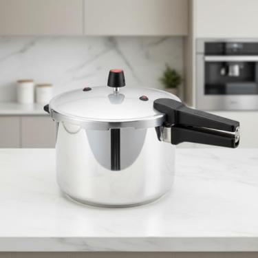 Imagem de Panela de Pressão 10 Litros Fechamento Externo Alumínio Polido Reforçada Cozimento Rápido Cabo Baquelite Antitérmico Segurança Extra Ideal Família Grande Restaurante Não Indução 30cm Diâmetro