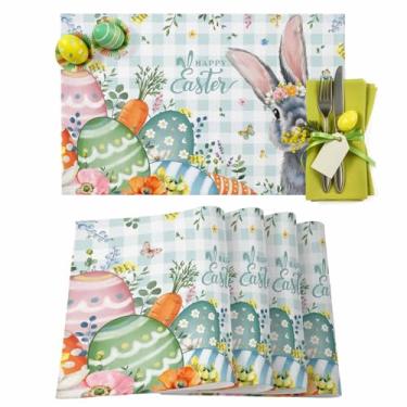 Imagem de Jogo americano de Páscoa, conjunto com 6, ovos de coelho, para decoração de mesa de jantar, tapetes de linho de algodão, folhas florais de primavera, cenoura, azul, xadrez para cozinha, jantar, festa