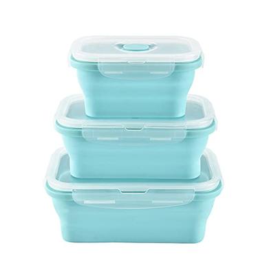 Imagem de 3pcs recipientes de silicone para armazenamento alimentos com tampas caixa lanche preparo refeições à prova vazamento leve isento BPA seguro lava-louças micro-ondas freezer flexível dobrável portátil