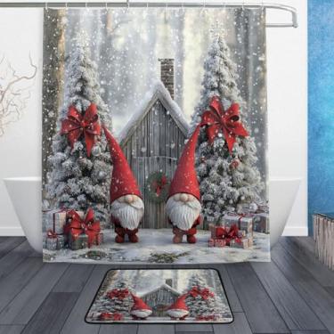 Imagem de xigua Gnomos de Natal fofos conjuntos de tapetes de cortina de banho 2 peças, conjunto de tema de banheiro (152 x 182 cm) com cortina de chuveiro e tapete antiderrapante -12 ganchos427