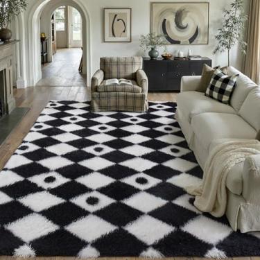 Imagem de PureCozy Tapete quadriculado 12 x 18 cm felpudo fofo sala de estar preto e branco tapete moderno lavável macio macio antiderrapante pelúcia tapetes felpudos para quarto, dormitório, escritório, casa