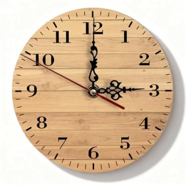 Imagem de Relógio de parede de madeira clara, silencioso, sem tique-taque, operado por bateria para sala de estar, quarto, cozinha – design rústico simples, 19 cm