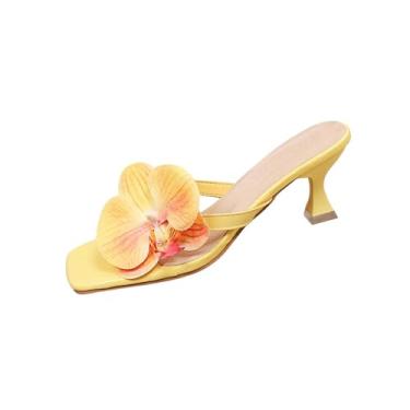 Imagem de Sandália feminina com detalhe floral com bico quadrado e salto fino para uso casual primavera verão, Amarelo, 34