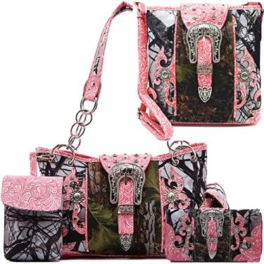Imagem de Bolsa camuflada estilo ocidental fivela trabalhada floral Conchos Country Studs Bolsa tiracolo feminina bolsa de ombro conjunto carteira, Conjunto de 4 peças fúcsia, Large
