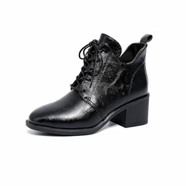 Imagem de MGGMOKAY Bota feminina com cadarço no tornozelo, clássica, salto grosso, botas curtas, modernas, casuais, Preto, 38