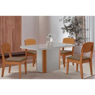 Imagem de Conjunto: Mesa Sala Jantar Pietá c/ Tampo Madeirado c/ Vidro Canto Curvo 120x80cm e 4 Cadeiras Havana Naturale/Off White - Suede Capuccino - Rufato