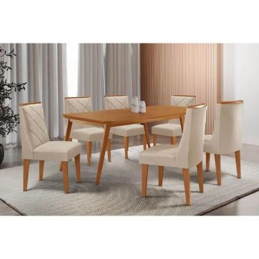 Imagem de Conjunto: Mesa Sala Jantar Havana Tampo Curvo 180cm+6 Cadeiras Pietá Madeira Naturale - Capuccino/Suede Creme - Rufato