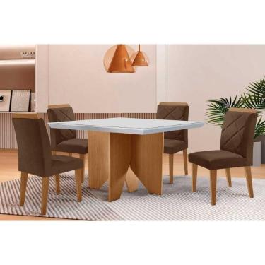 Imagem de Conjunto: Mesa Sala Jantar Nevada Tampo c/ Vidro Curvo 90cm+4 Cadeiras Pietá Madeira Naturale/Off White - Suede Marrom - Rufato