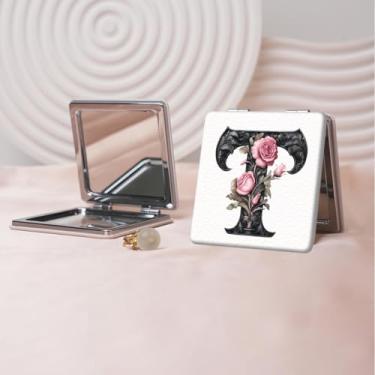 Imagem de Espelho de maquiagem portátil de couro PU retrô europeu com letras florais, mini espelho dobrável de mão dupla face, quadrado para retoque, presente ideal para todas as ocasiões