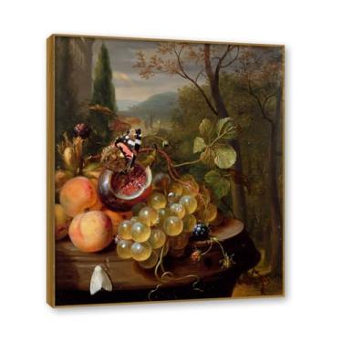 Imagem de NHLDZYH Moldura de teca. Tela de frutas botânicas vintage, impressão de estilo de pintura a óleo vintage, decoração de jantar country de fazenda, pronta para pendurar. D20. 80 x 96 cm.