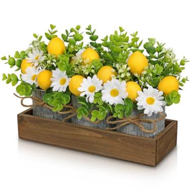 Imagem de Conjunto de 3 plantas falsas pequenas em vasos galvanizados, mesa de centro de mesa, arranjos florais de limão, mini plantas artificiais de limão com bandeja de madeira para mesa de jantar de cozinha