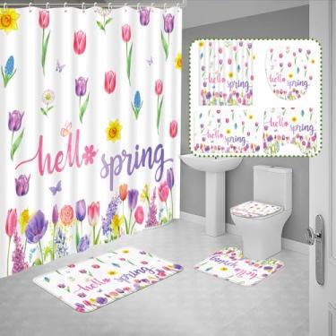 Imagem de Tieshankao Conjunto de 4 peças de cortina de chuveiro de mola para banheiro - tapetes florais antiderrapantes tulipa capa de vaso sanitário tapete de banho com 12 ganchos decoração - Estilo 5
